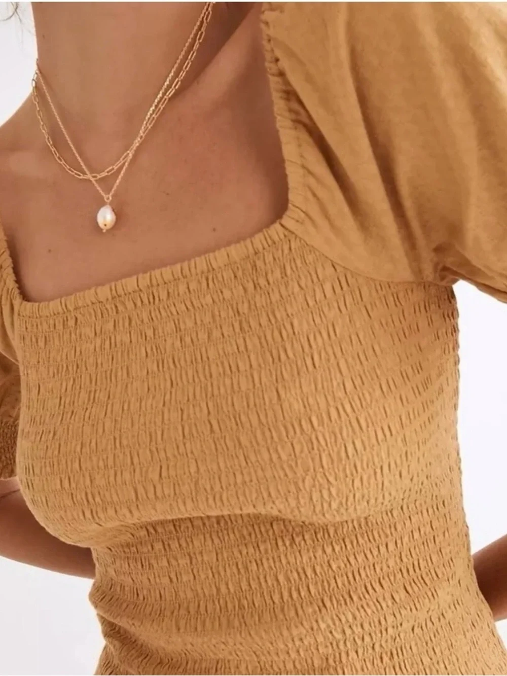 Madewell Lucie Mustard Smocked Square-Neck Puff Sleeve Top